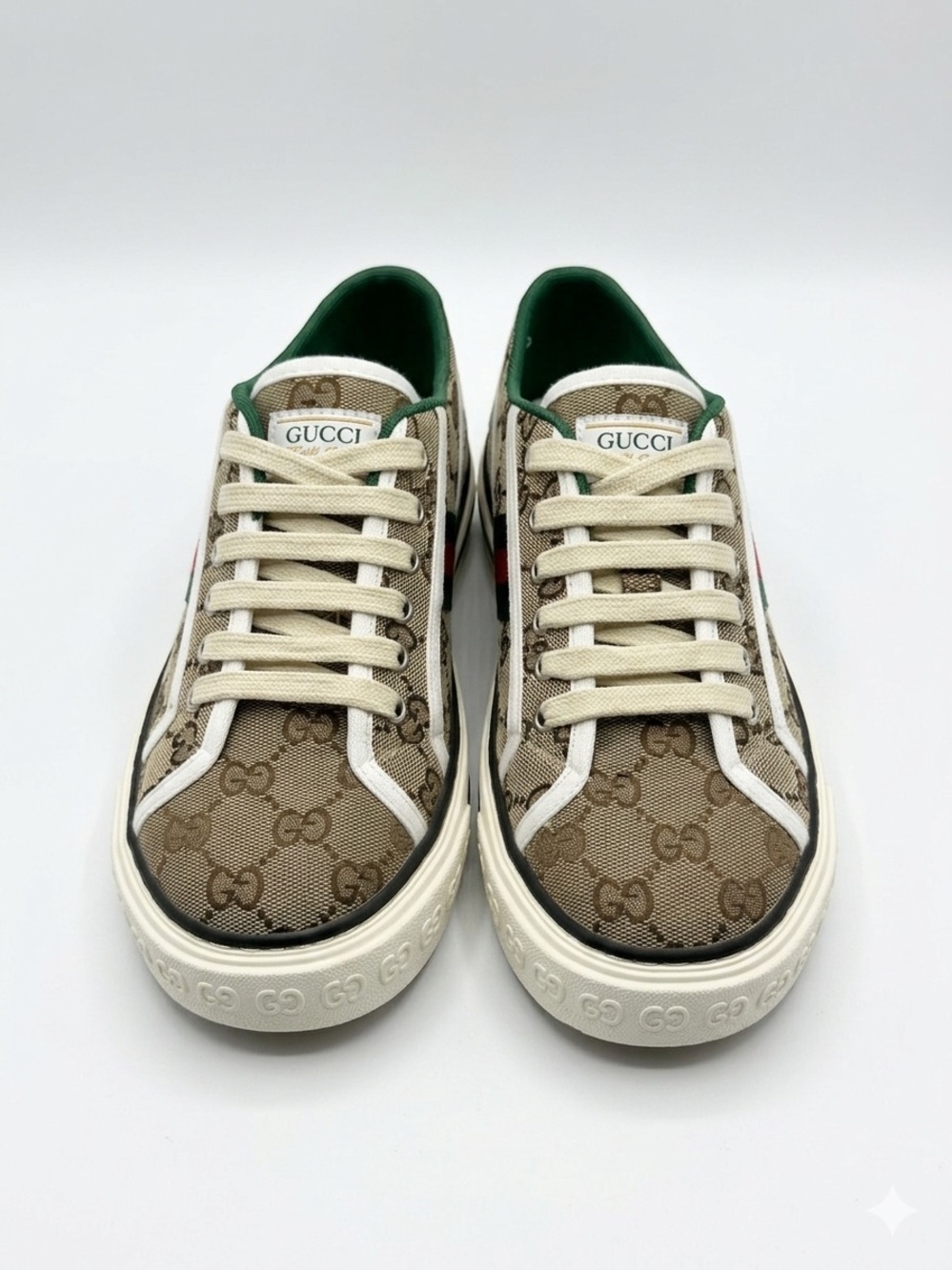Gucci Beige and Brown GG Canvas Low-Top Sneakers with Green Lining